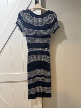 Navy and Gray Striped Rib-Knit Midi Dress